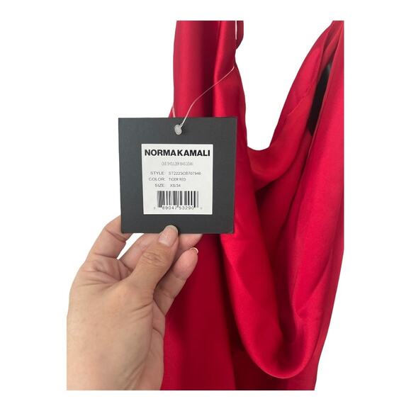 Norma Kamali One Shoulder Bias Maxi Gown Draped Back Satin Tiger Red Sz XS/34 - Picture 14 of 16